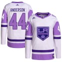 Adidas Los Angeles Kings Youth Mikey Anderson Authentic White/Purple Hockey Fights Cancer Primegreen NHL Jersey