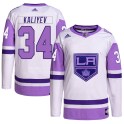 Adidas Los Angeles Kings Youth Arthur Kaliyev Authentic White/Purple Hockey Fights Cancer Primegreen NHL Jersey