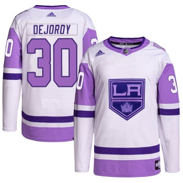 Adidas Los Angeles Kings Men's Denis Dejordy Authentic White/Purple Hockey Fights Cancer Primegreen NHL Jersey