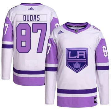 Adidas Los Angeles Kings Men's Aidan Dudas Authentic White/Purple Hockey Fights Cancer Primegreen NHL Jersey