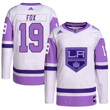 Adidas Los Angeles Kings Men's Jim Fox Authentic White/Purple Hockey Fights Cancer Primegreen NHL Jersey