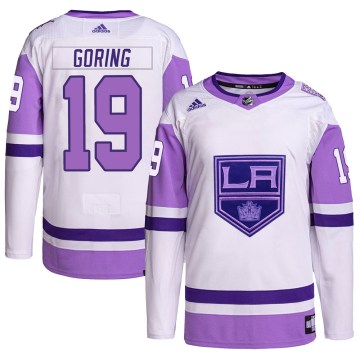 Adidas Los Angeles Kings Men's Butch Goring Authentic White/Purple Hockey Fights Cancer Primegreen NHL Jersey