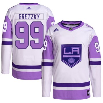 Adidas Los Angeles Kings Men's Wayne Gretzky Authentic White/Purple Hockey Fights Cancer Primegreen NHL Jersey