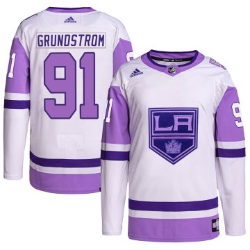 Adidas Los Angeles Kings Men's Carl Grundstrom Authentic White/Purple Hockey Fights Cancer Primegreen NHL Jersey