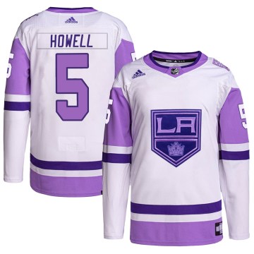 Adidas Los Angeles Kings Men's Harry Howell Authentic White/Purple Hockey Fights Cancer Primegreen NHL Jersey