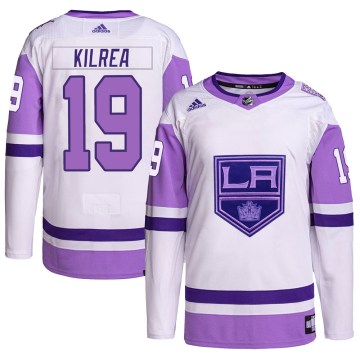Adidas Los Angeles Kings Men's Brian Kilrea Authentic White/Purple Hockey Fights Cancer Primegreen NHL Jersey
