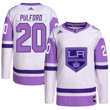 Adidas Los Angeles Kings Men's Bob Pulford Authentic White/Purple Hockey Fights Cancer Primegreen NHL Jersey