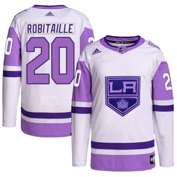 Adidas Los Angeles Kings Men's Luc Robitaille Authentic White/Purple Hockey Fights Cancer Primegreen NHL Jersey