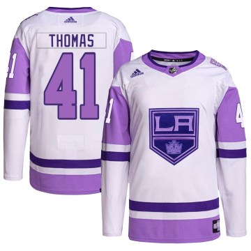 Adidas Los Angeles Kings Men's Akil Thomas Authentic White/Purple Hockey Fights Cancer Primegreen NHL Jersey