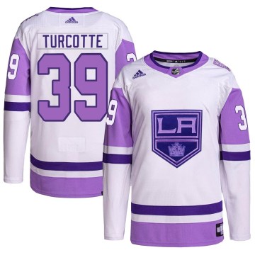 Adidas Los Angeles Kings Men's Alex Turcotte Authentic White/Purple Hockey Fights Cancer Primegreen NHL Jersey