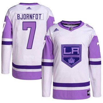 Adidas Los Angeles Kings Youth Tobias Bjornfot Authentic White/Purple Hockey Fights Cancer Primegreen NHL Jersey