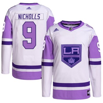 Adidas Los Angeles Kings Youth Bernie Nicholls Authentic White/Purple Hockey Fights Cancer Primegreen NHL Jersey