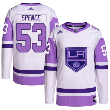 Adidas Los Angeles Kings Youth Jordan Spence Authentic White/Purple Hockey Fights Cancer Primegreen NHL Jersey
